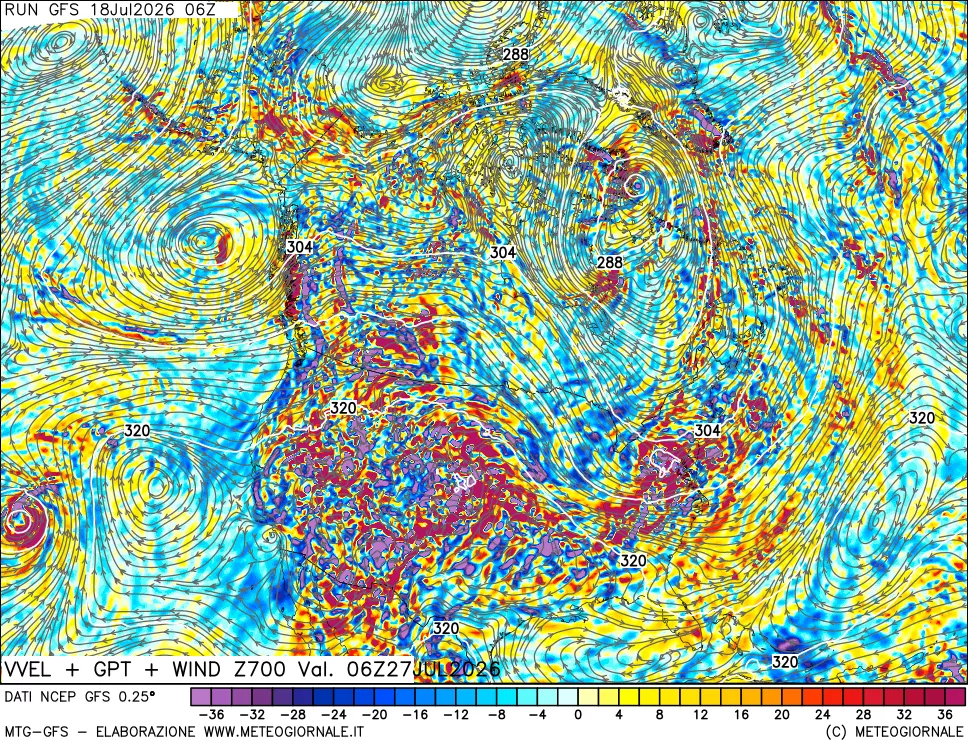 mappa 700 hPa Velocità verticiali + GPT + Vento