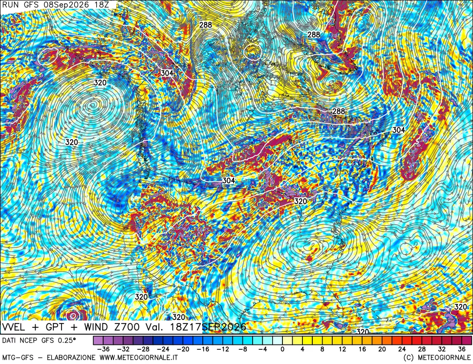 mappa 700 hPa Velocità verticiali + GPT + Vento