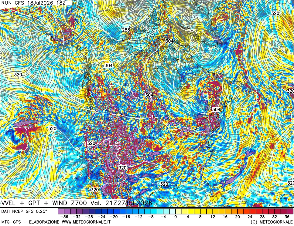mappa 700 hPa Velocità verticiali + GPT + Vento