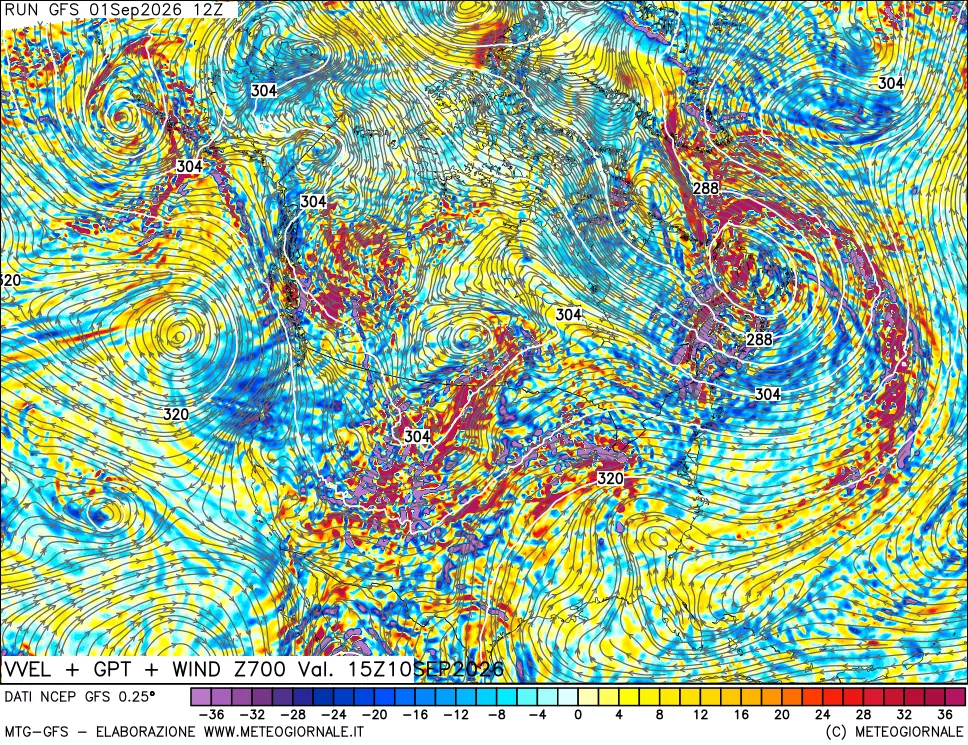 mappa 700 hPa Velocità verticiali + GPT + Vento