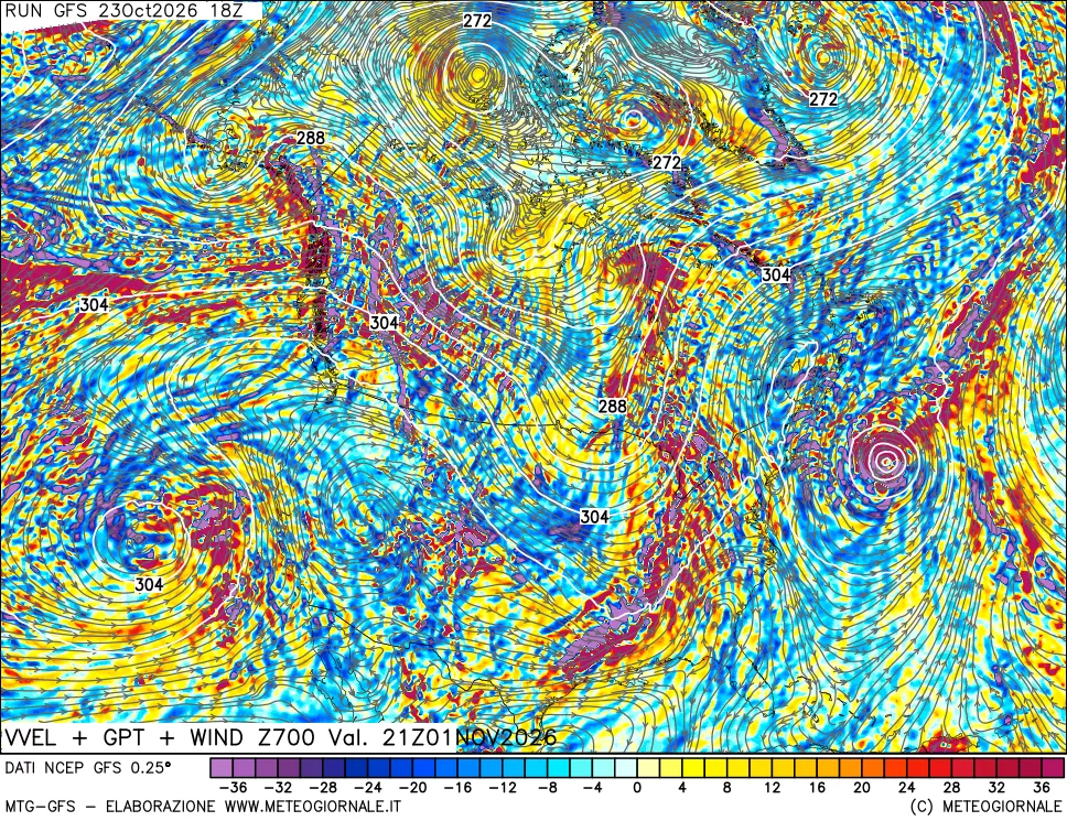 mappa 700 hPa Velocità verticiali + GPT + Vento