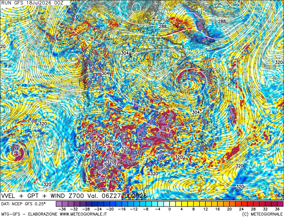 mappa 700 hPa Velocità verticiali + GPT + Vento