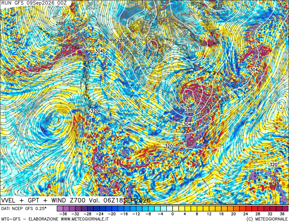 mappa 700 hPa Velocità verticiali + GPT + Vento