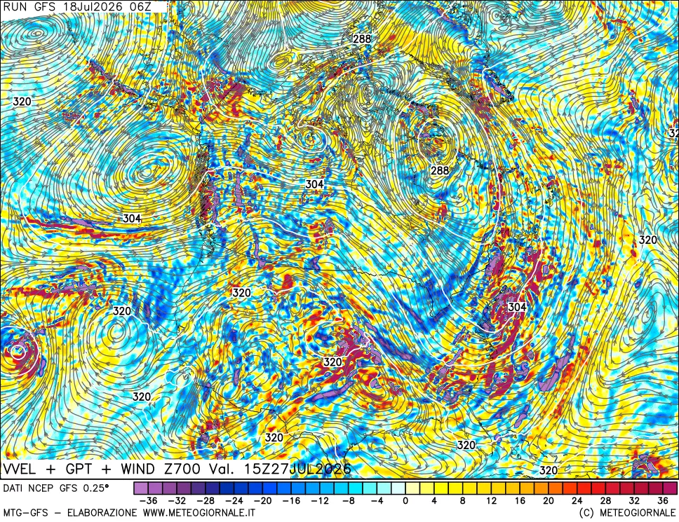 mappa 700 hPa Velocità verticiali + GPT + Vento