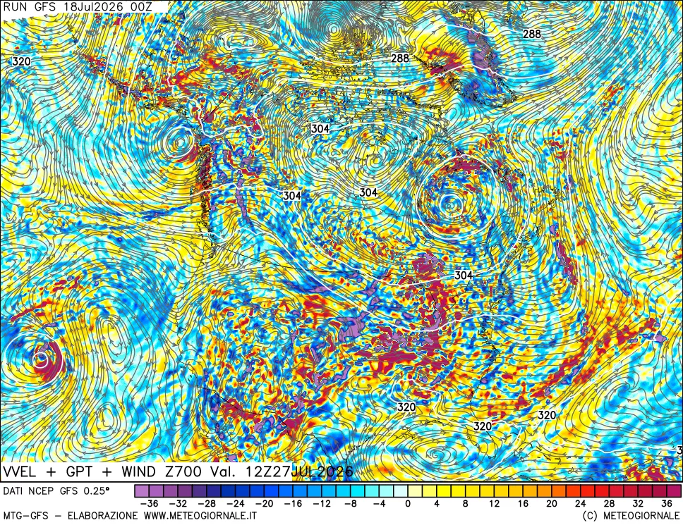 mappa 700 hPa Velocità verticiali + GPT + Vento