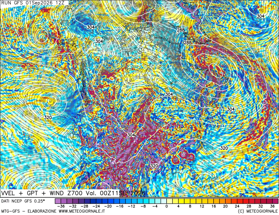 mappa 700 hPa Velocità verticiali + GPT + Vento