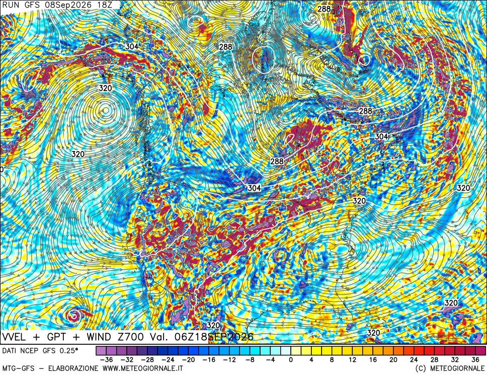 mappa 700 hPa Velocità verticiali + GPT + Vento