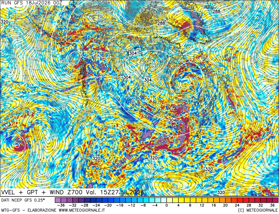 mappa 700 hPa Velocità verticiali + GPT + Vento