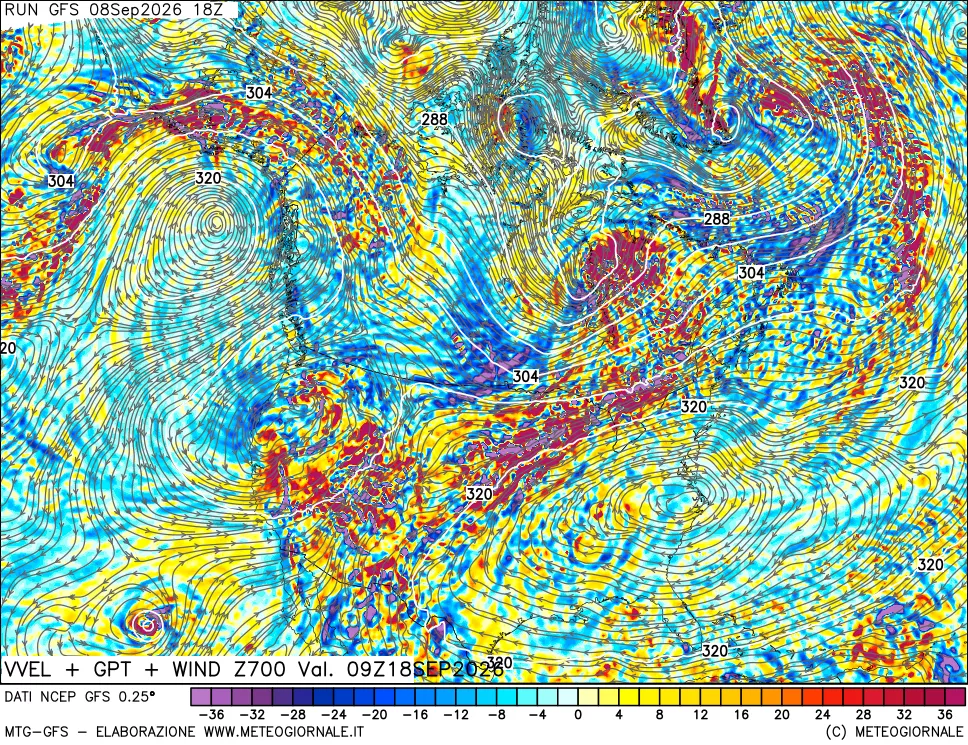 mappa 700 hPa Velocità verticiali + GPT + Vento