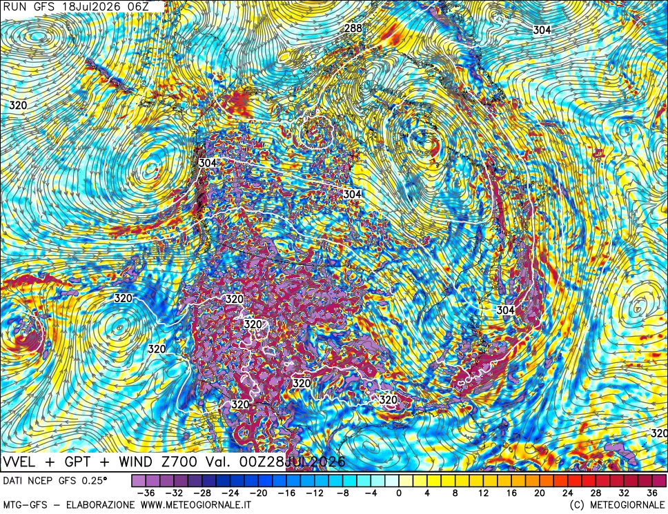 mappa 700 hPa Velocità verticiali + GPT + Vento