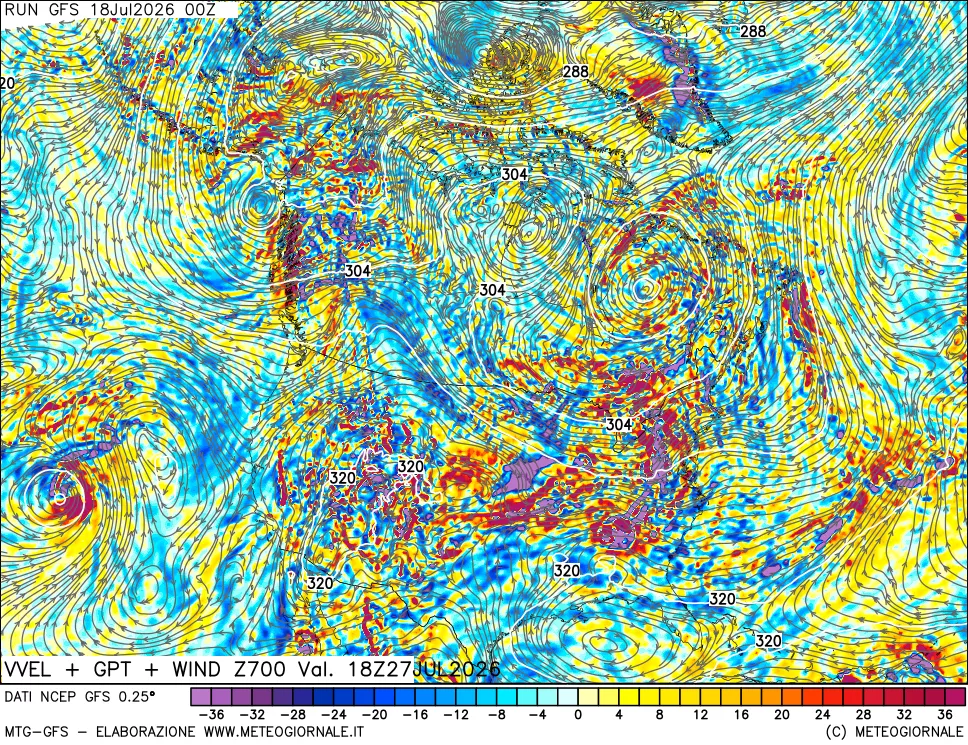 mappa 700 hPa Velocità verticiali + GPT + Vento