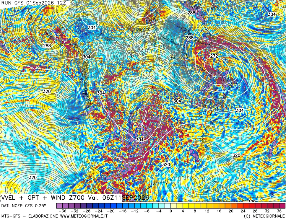 mappa 700 hPa Velocità verticiali + GPT + Vento