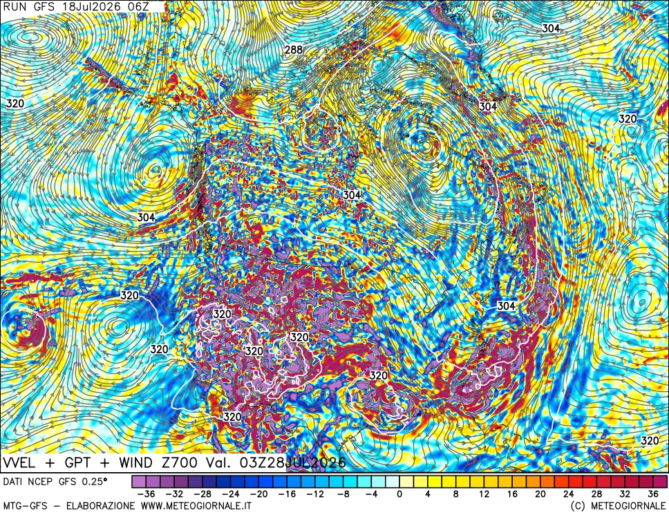 mappa 700 hPa Velocità verticiali + GPT + Vento
