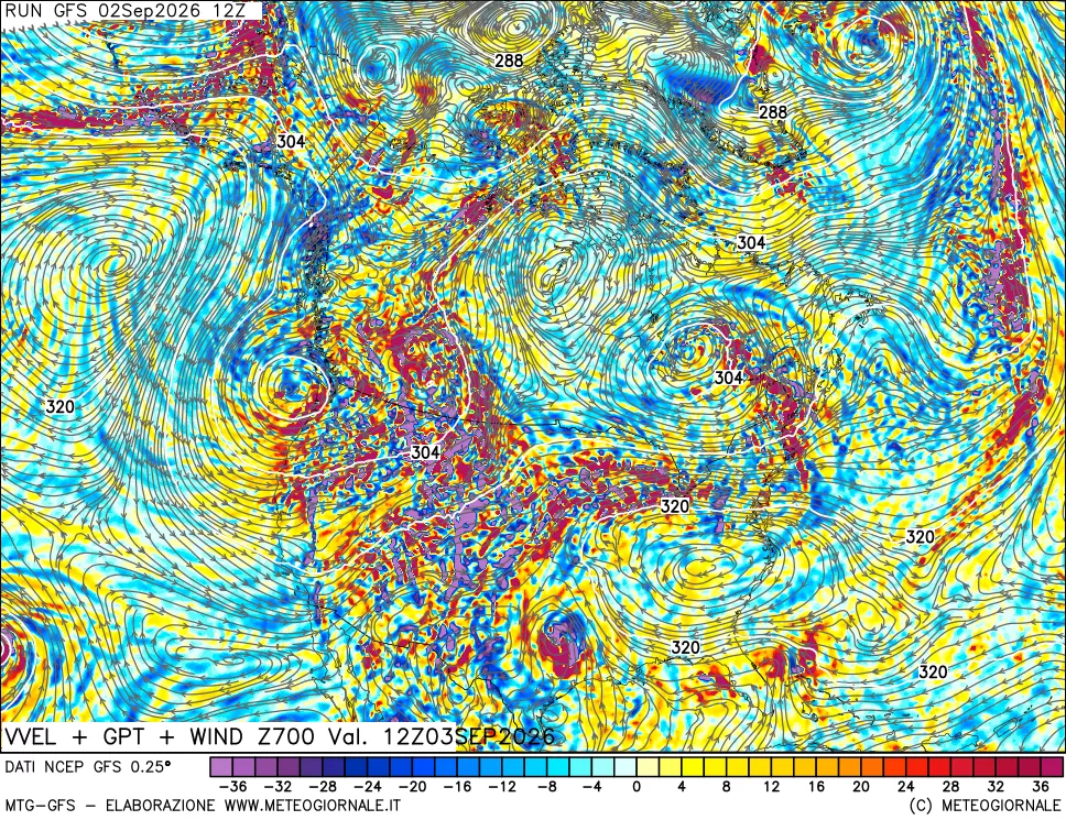 mappa 700 hPa Velocità verticiali + GPT + Vento
