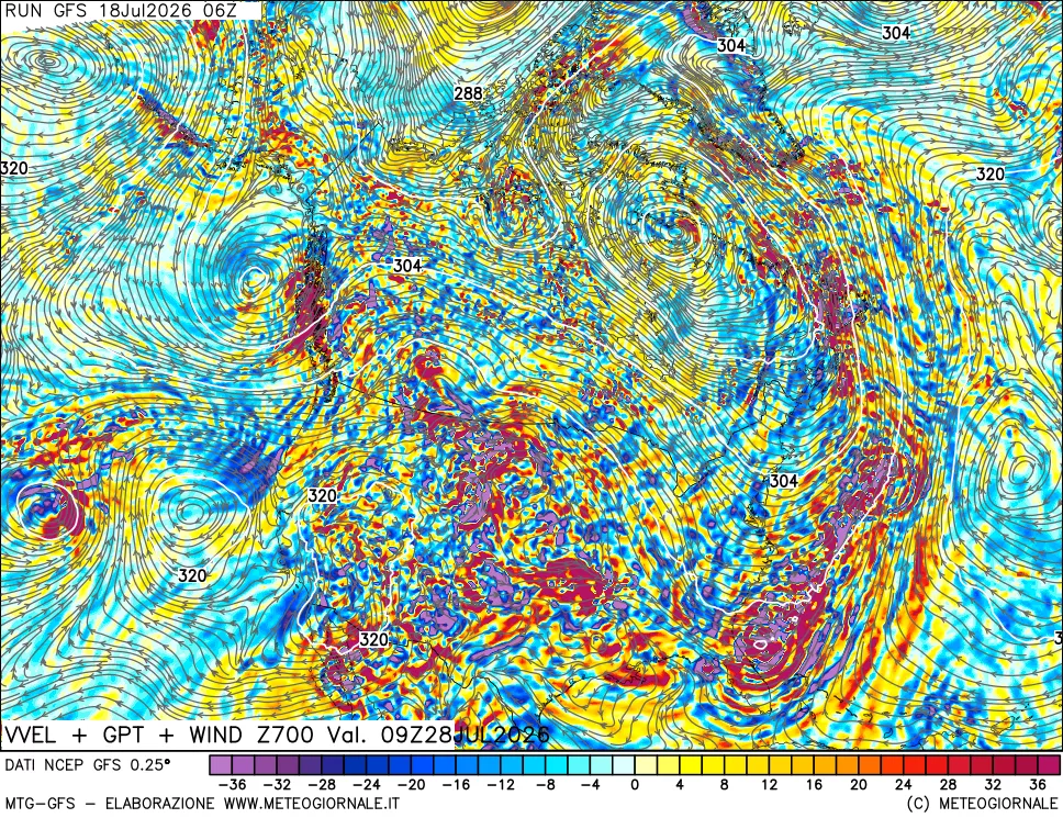mappa 700 hPa Velocità verticiali + GPT + Vento