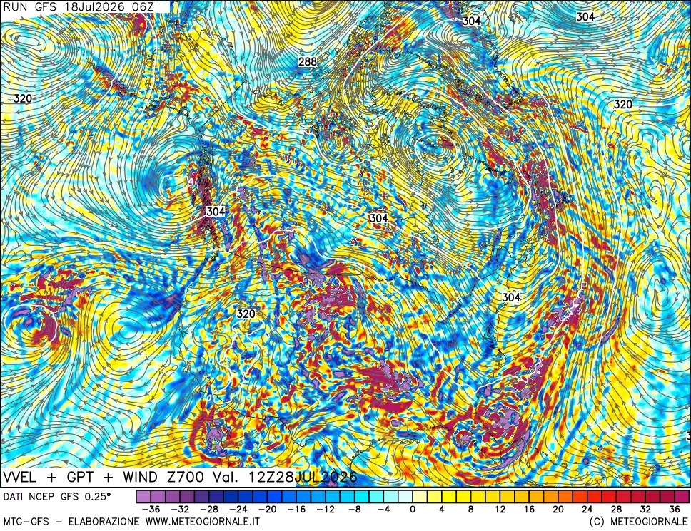 mappa 700 hPa Velocità verticiali + GPT + Vento