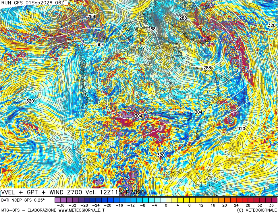 mappa 700 hPa Velocità verticiali + GPT + Vento