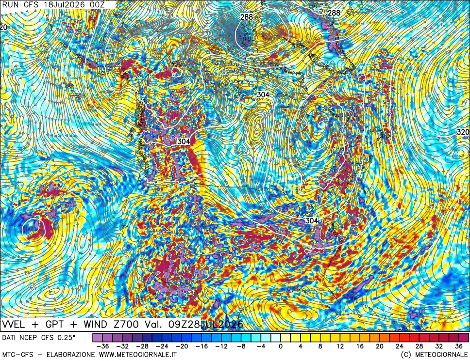 mappa 700 hPa Velocità verticiali + GPT + Vento