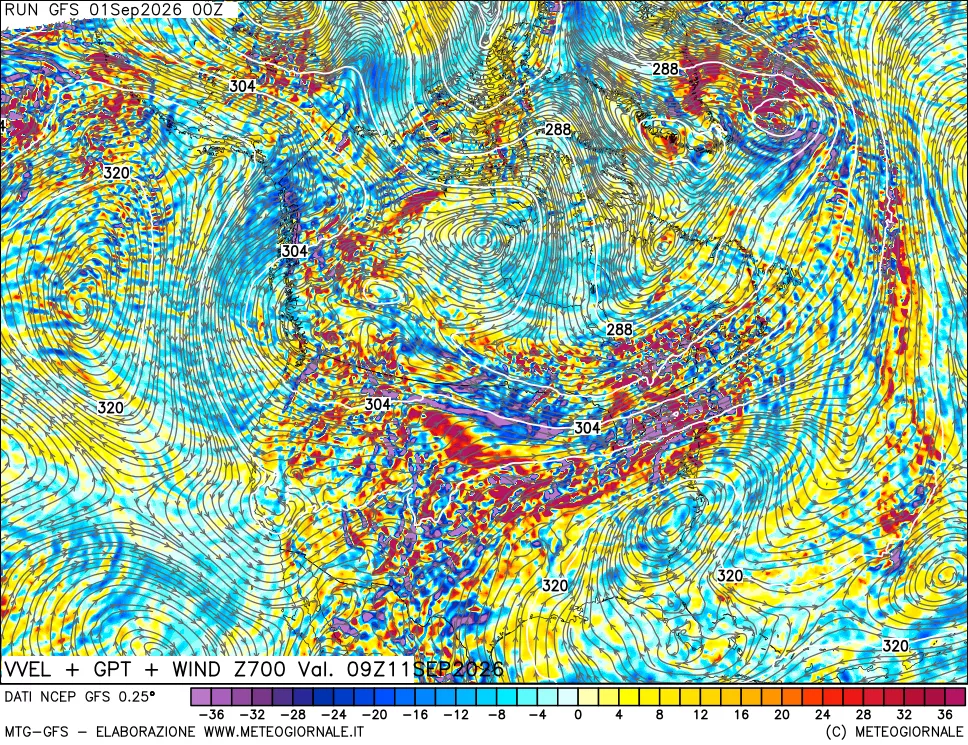 mappa 700 hPa Velocità verticiali + GPT + Vento