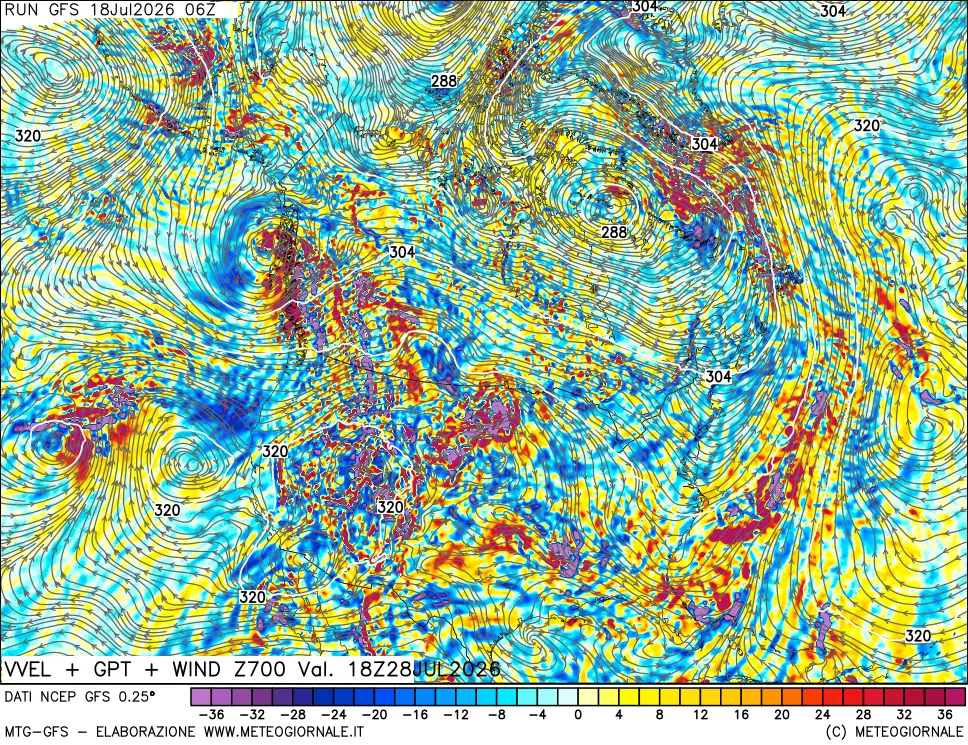 mappa 700 hPa Velocità verticiali + GPT + Vento
