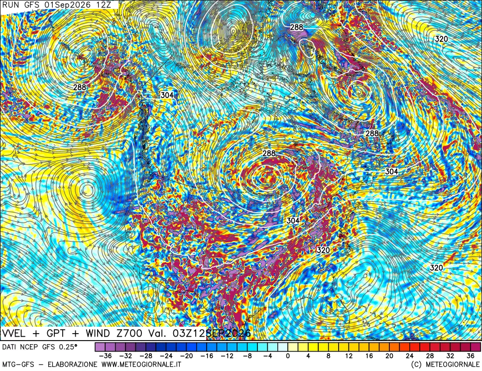 mappa 700 hPa Velocità verticiali + GPT + Vento