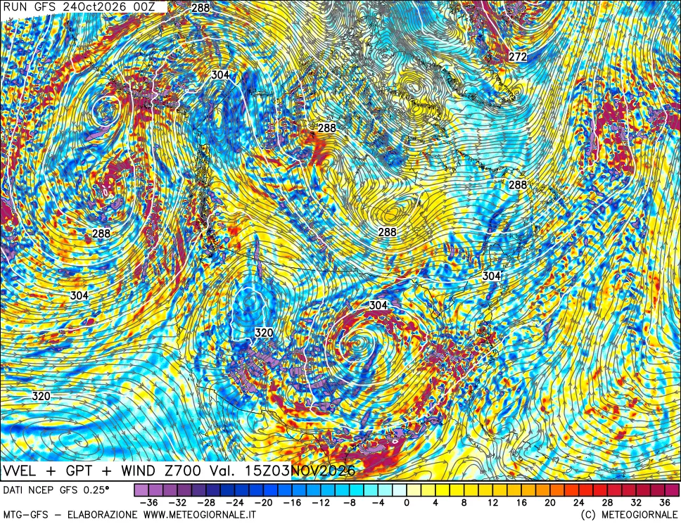 mappa 700 hPa Velocità verticiali + GPT + Vento