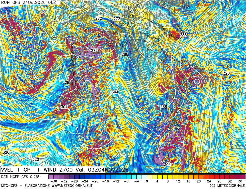 mappa 700 hPa Velocità verticiali + GPT + Vento