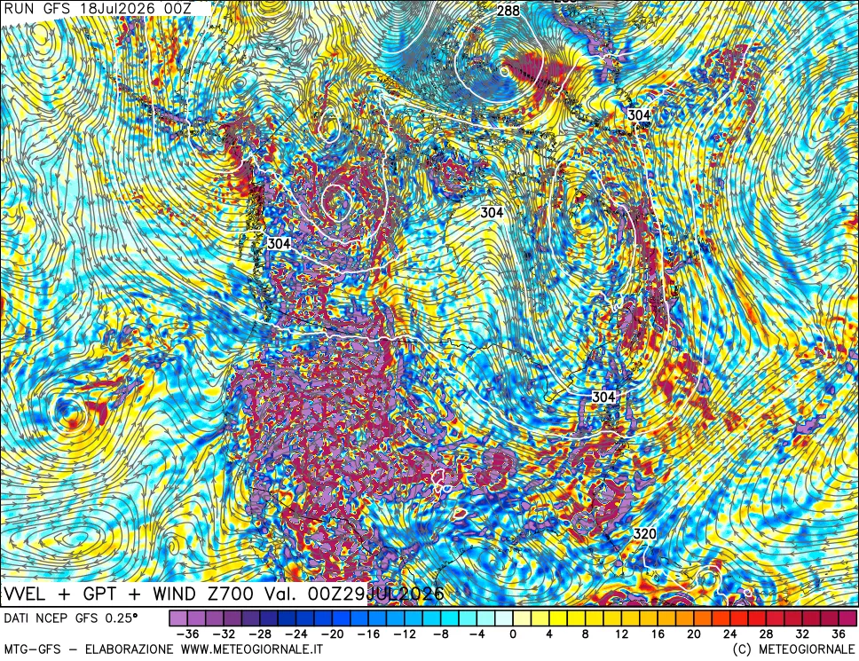 mappa 700 hPa Velocità verticiali + GPT + Vento