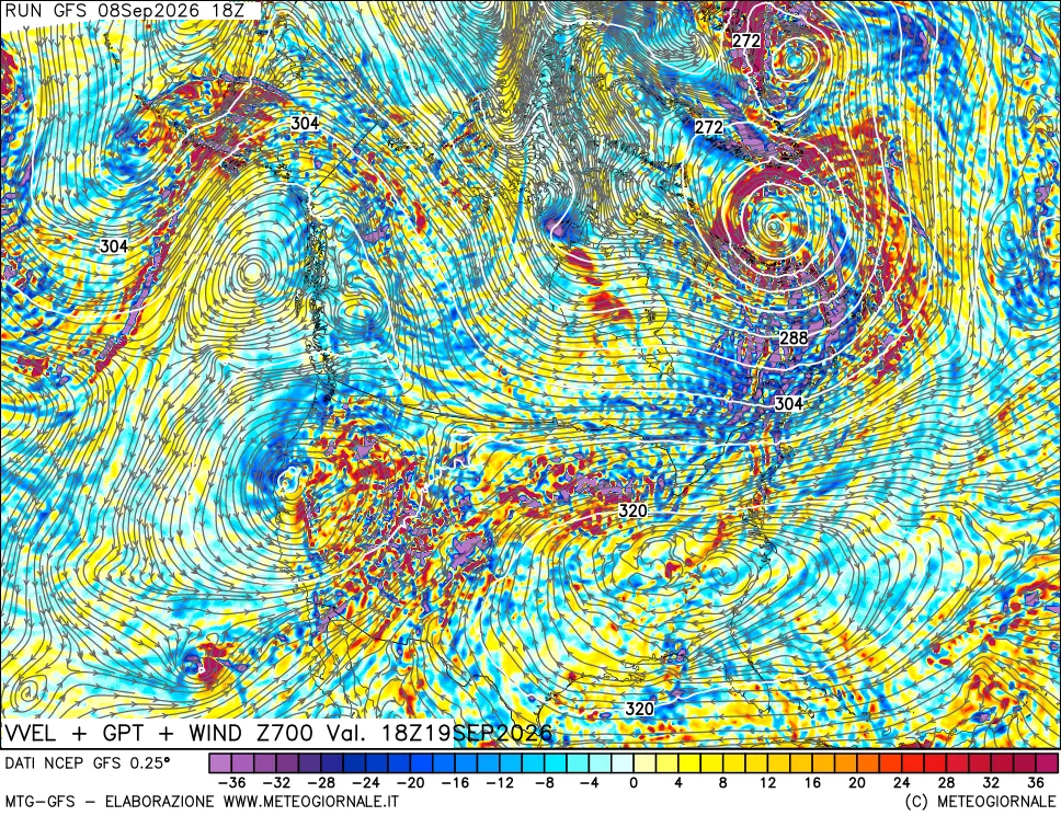 mappa 700 hPa Velocità verticiali + GPT + Vento