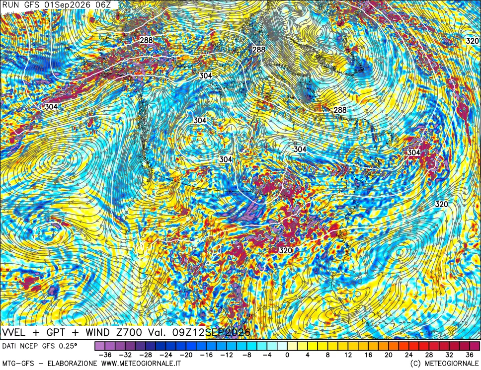mappa 700 hPa Velocità verticiali + GPT + Vento