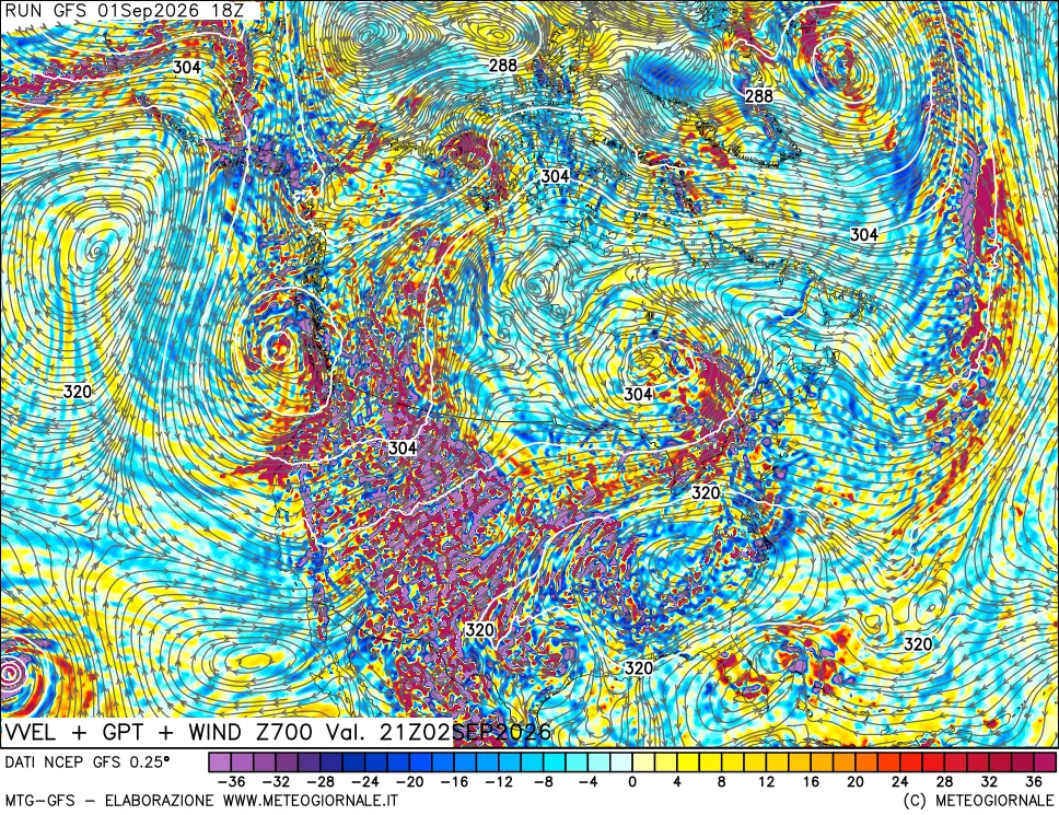mappa 700 hPa Velocità verticiali + GPT + Vento