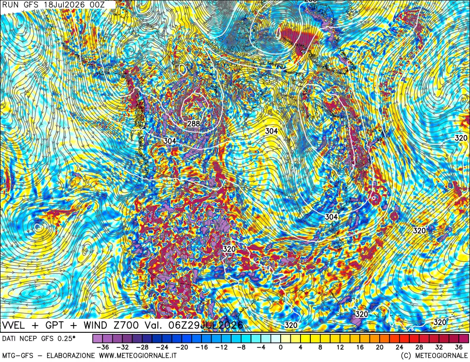 mappa 700 hPa Velocità verticiali + GPT + Vento