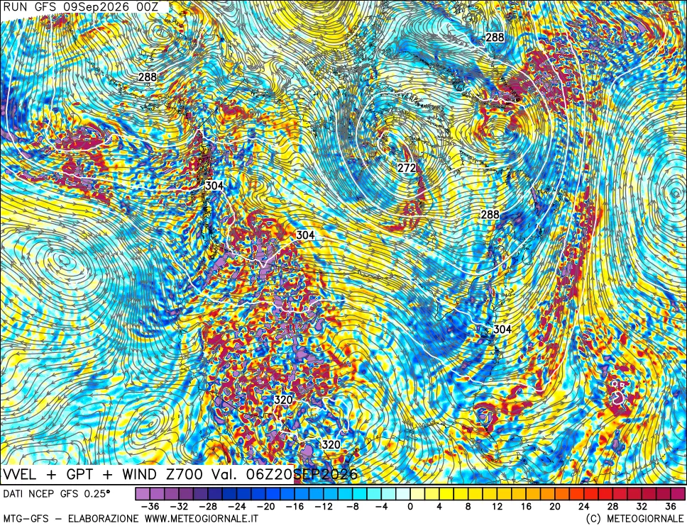 mappa 700 hPa Velocità verticiali + GPT + Vento