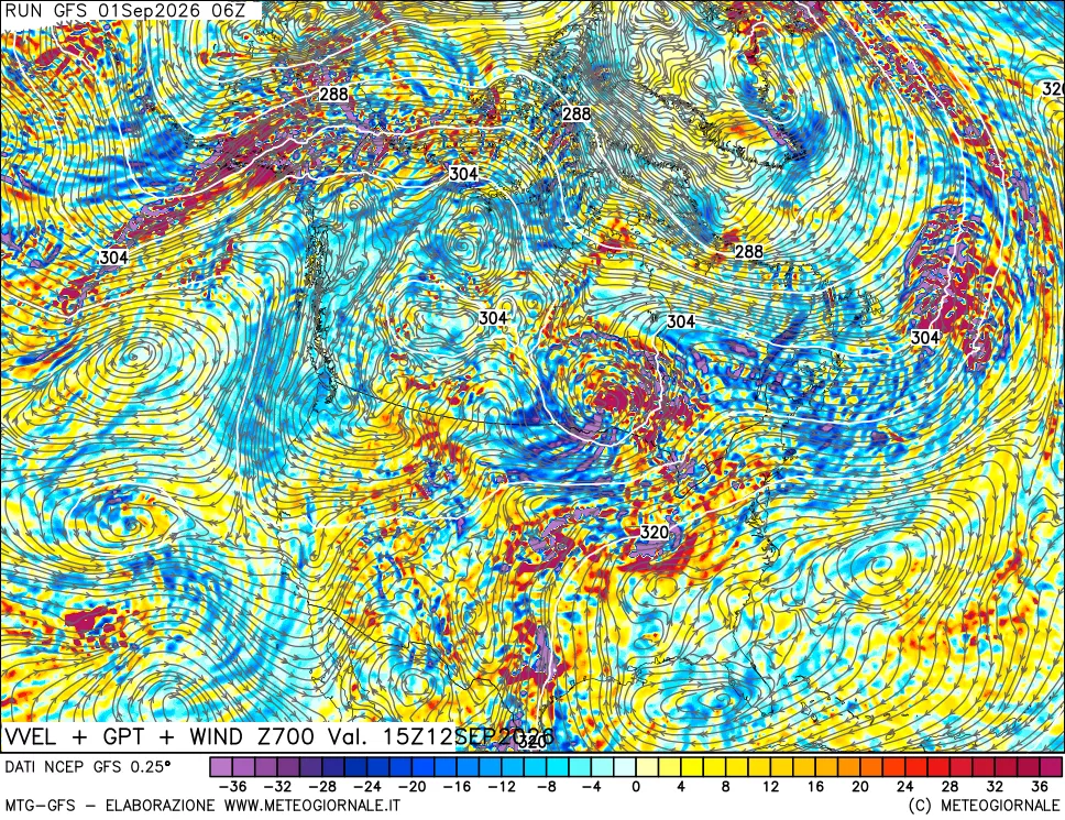 mappa 700 hPa Velocità verticiali + GPT + Vento