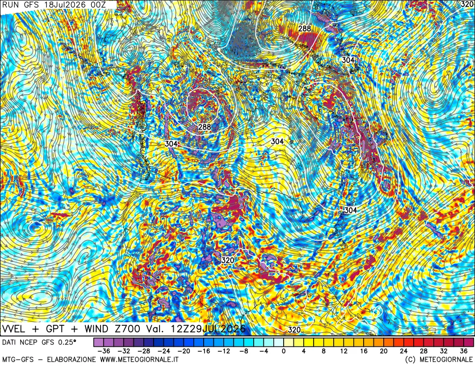 mappa 700 hPa Velocità verticiali + GPT + Vento