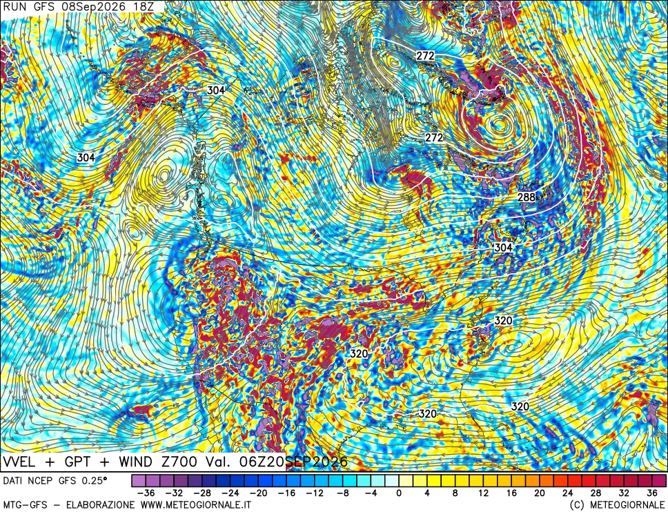 mappa 700 hPa Velocità verticiali + GPT + Vento