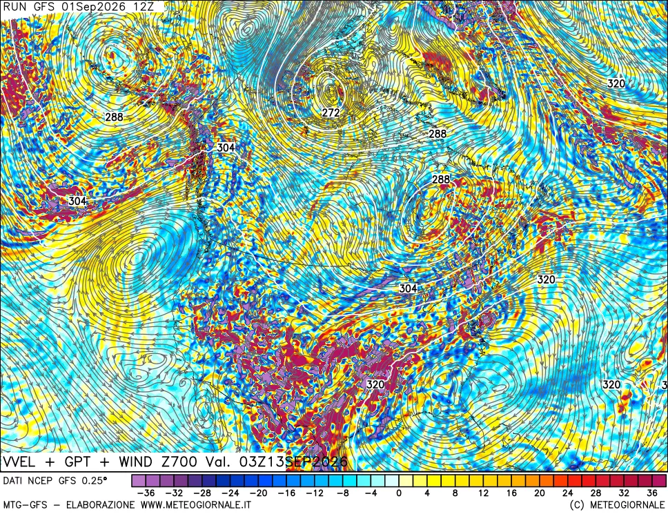 mappa 700 hPa Velocità verticiali + GPT + Vento