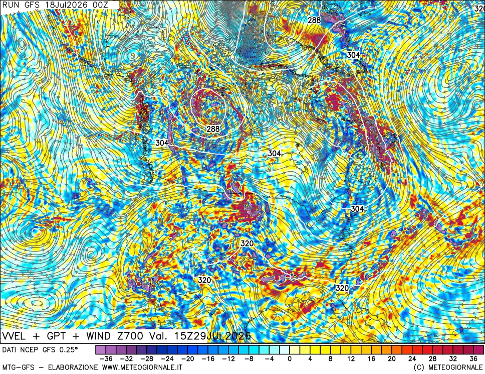 mappa 700 hPa Velocità verticiali + GPT + Vento