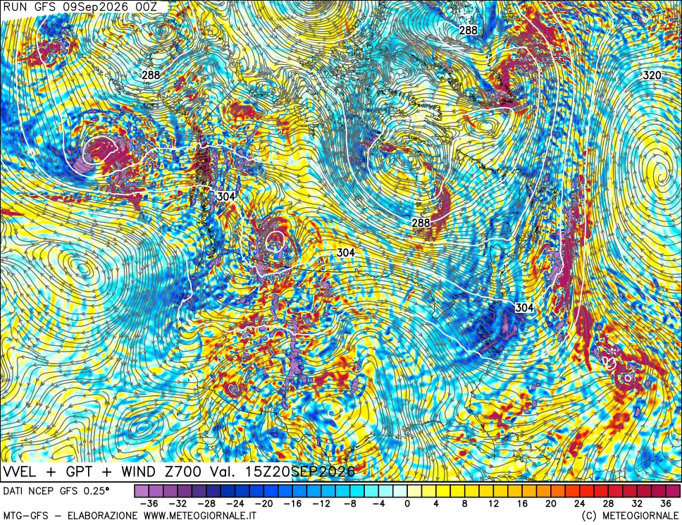 mappa 700 hPa Velocità verticiali + GPT + Vento