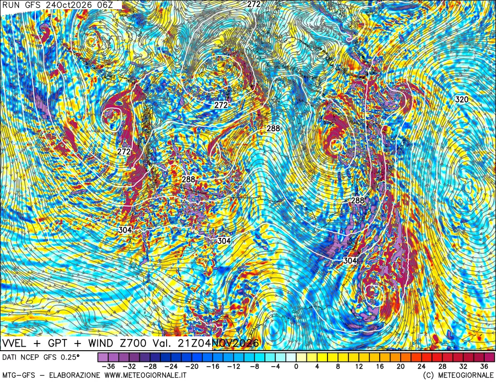 mappa 700 hPa Velocità verticiali + GPT + Vento