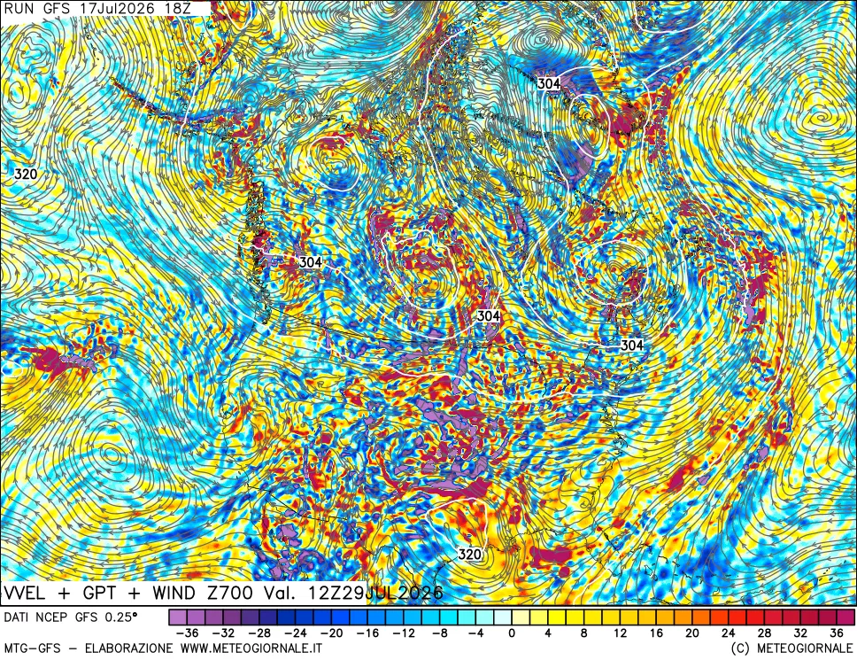 mappa 700 hPa Velocità verticiali + GPT + Vento