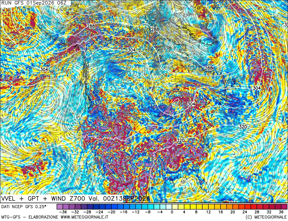 mappa 700 hPa Velocità verticiali + GPT + Vento