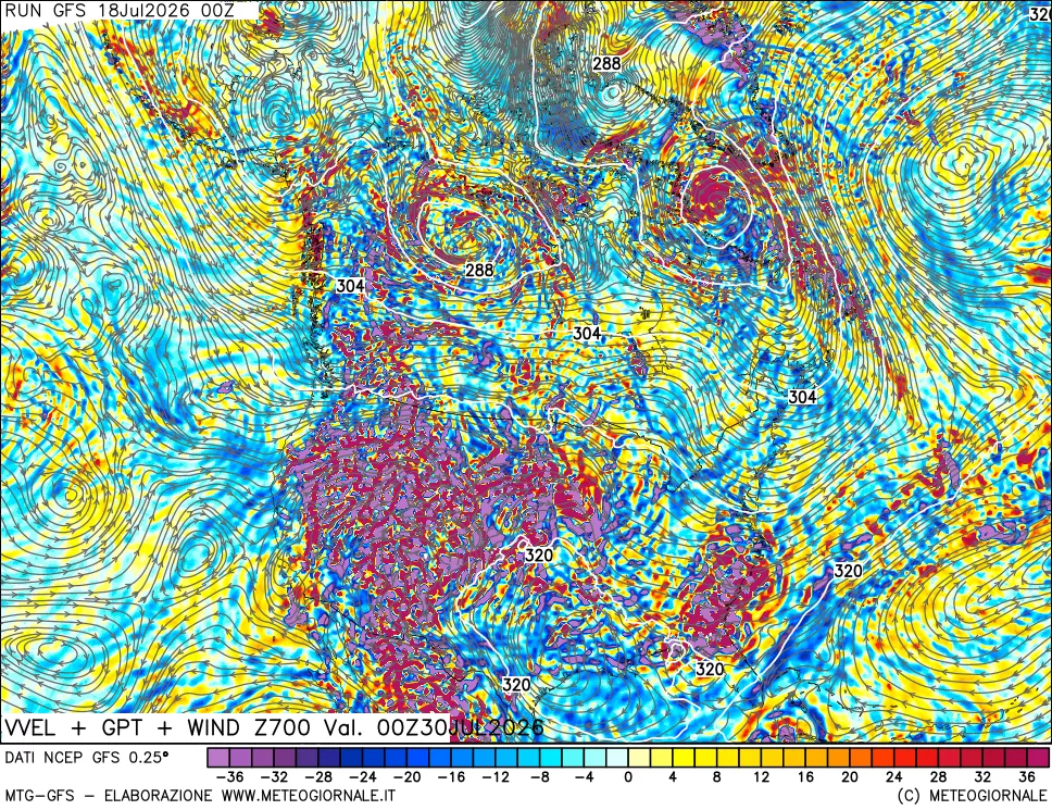mappa 700 hPa Velocità verticiali + GPT + Vento
