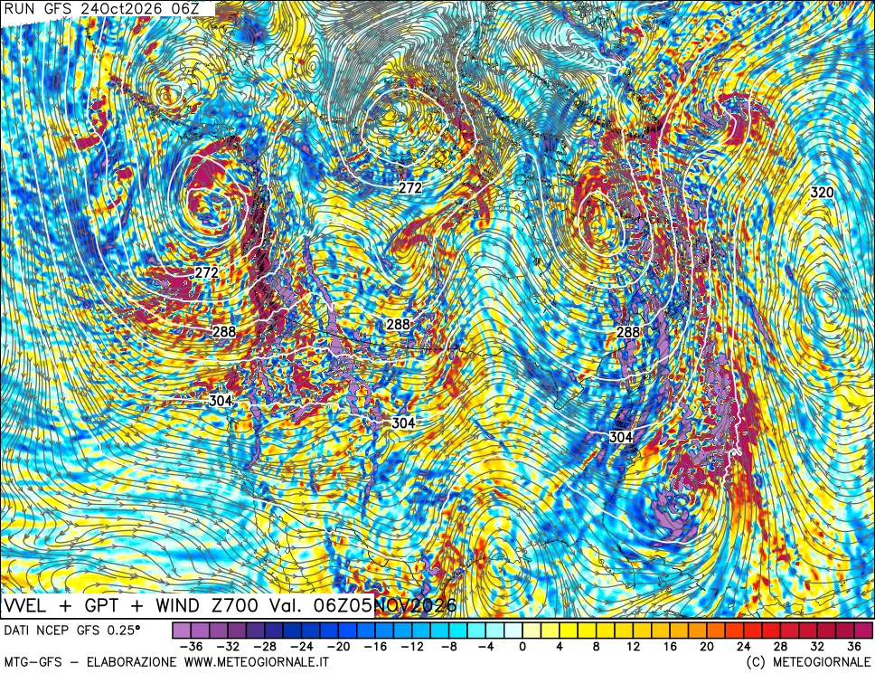 mappa 700 hPa Velocità verticiali + GPT + Vento