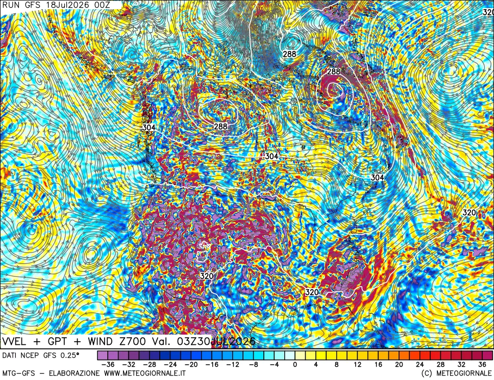 mappa 700 hPa Velocità verticiali + GPT + Vento