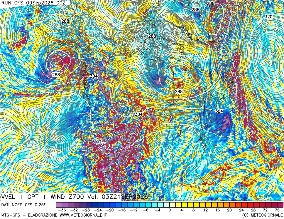 mappa 700 hPa Velocità verticiali + GPT + Vento