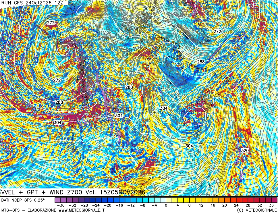 mappa 700 hPa Velocità verticiali + GPT + Vento