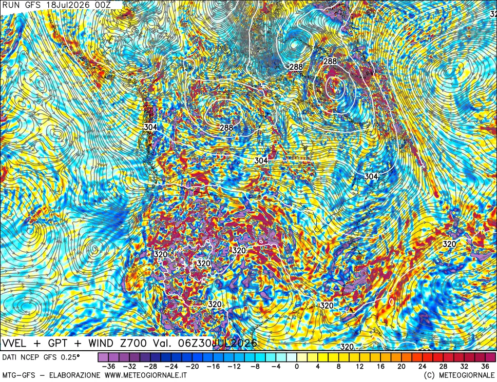 mappa 700 hPa Velocità verticiali + GPT + Vento