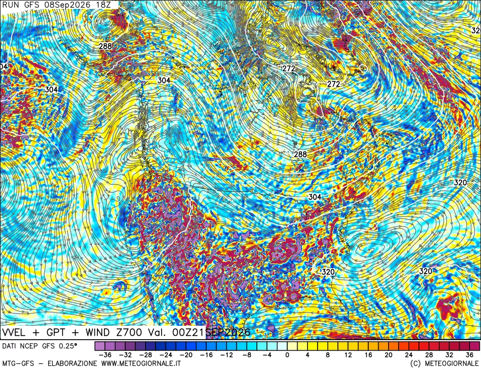 mappa 700 hPa Velocità verticiali + GPT + Vento