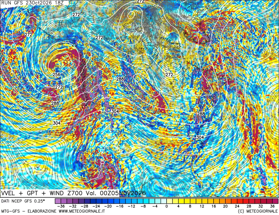 mappa 700 hPa Velocità verticiali + GPT + Vento